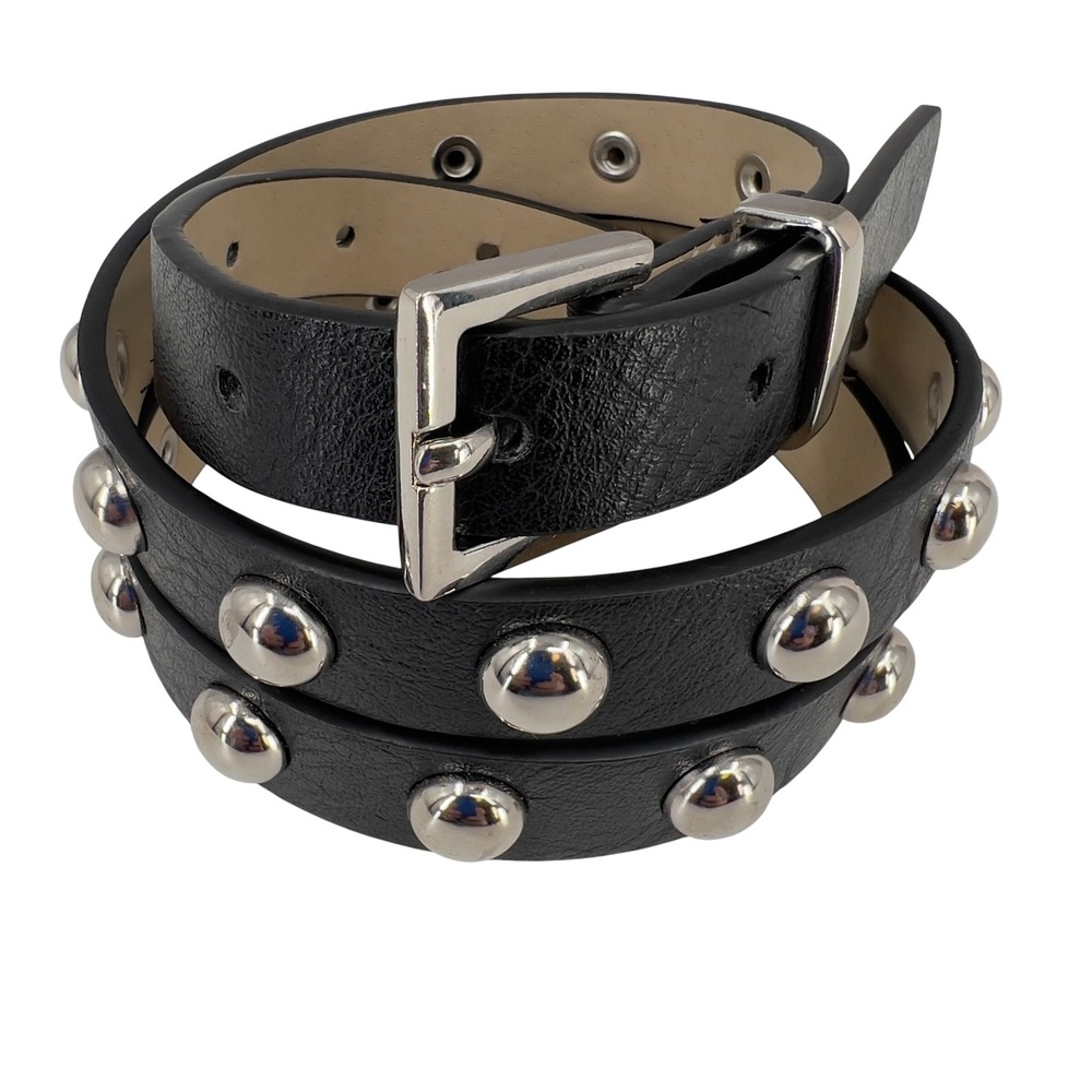 Womens M Skinny Belt Black Silver Dome Studded Faux Leather Y2K Moto Punk Alt